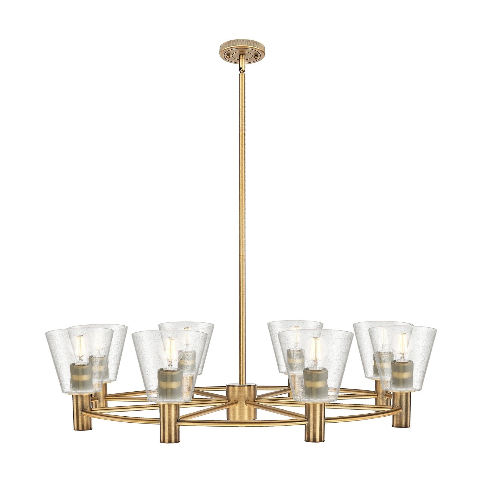 Innovations Caton 36in 8-Light Chandelier | Industrial Brushed Brass and Frosted Glass | Dining Room & Foyer | Model 434-8CR-BB-G454