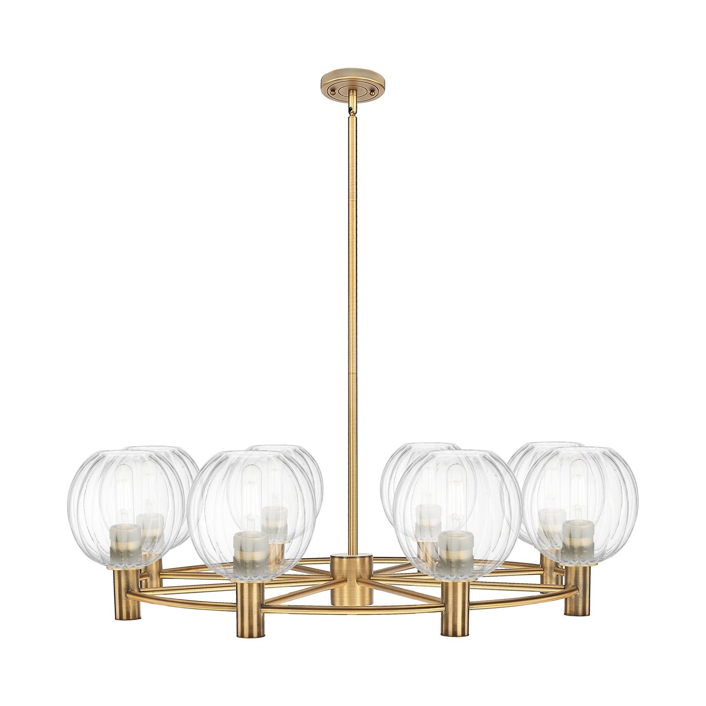 Innovations Preston Globe 37in 8-Light Chandelier | Industrial Brushed Brass and Clear Glass | Kitchen Island & Dining | Model 434-8CR-BB-G458-7CL