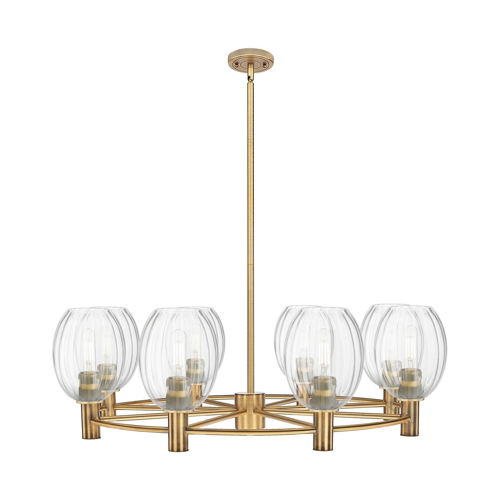 Innovations Preston Bulb 36in 8-Light Chandelier | Industrial Brushed Brass and Clear Glass | Kitchen Island & Dining | Model 434-8CR-BB-G459-6CL