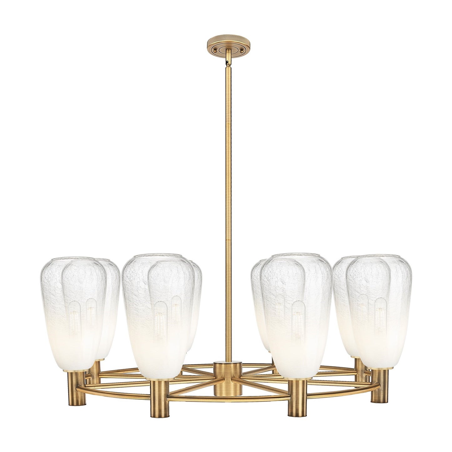 Innovations Brookhaven Almond 36in 8-Light Chandelier | Industrial Brushed Brass and Opal Glass | Dining Room & Foyer | Model 434-8CR-BB-G480-6OP