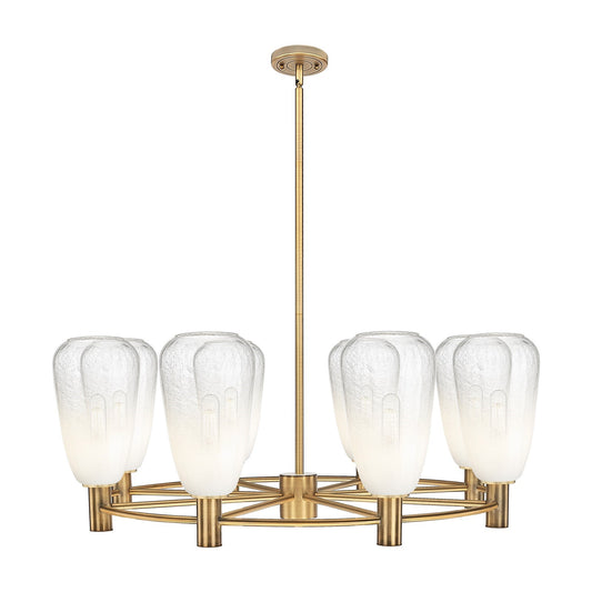 Innovations Brookhaven Almond 36in 8-Light Chandelier | Industrial Brushed Brass and Opal Glass | Dining Room & Foyer | Model 434-8CR-BB-G480-6OP
