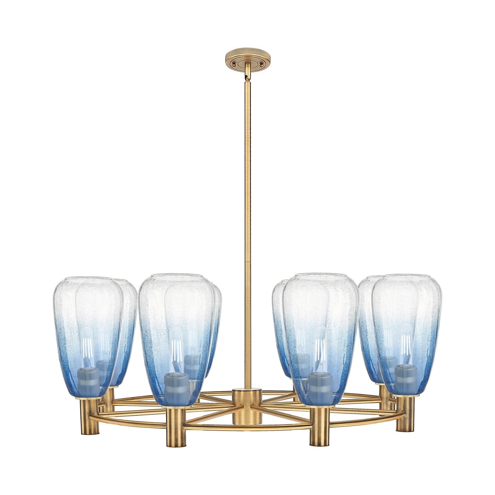 Innovations Brookhaven Almond 36in 8-Light Chandelier | Industrial Brushed Brass and Sapphire Blue Glass | Dining Room | Model 434-8CR-BB-G480-6SB