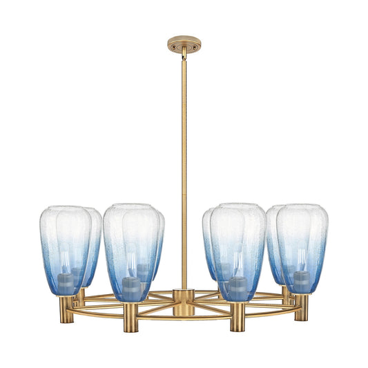 Innovations Brookhaven Almond 36in 8-Light Chandelier | Industrial Brushed Brass and Sapphire Blue Glass | Dining Room | Model 434-8CR-BB-G480-6SB