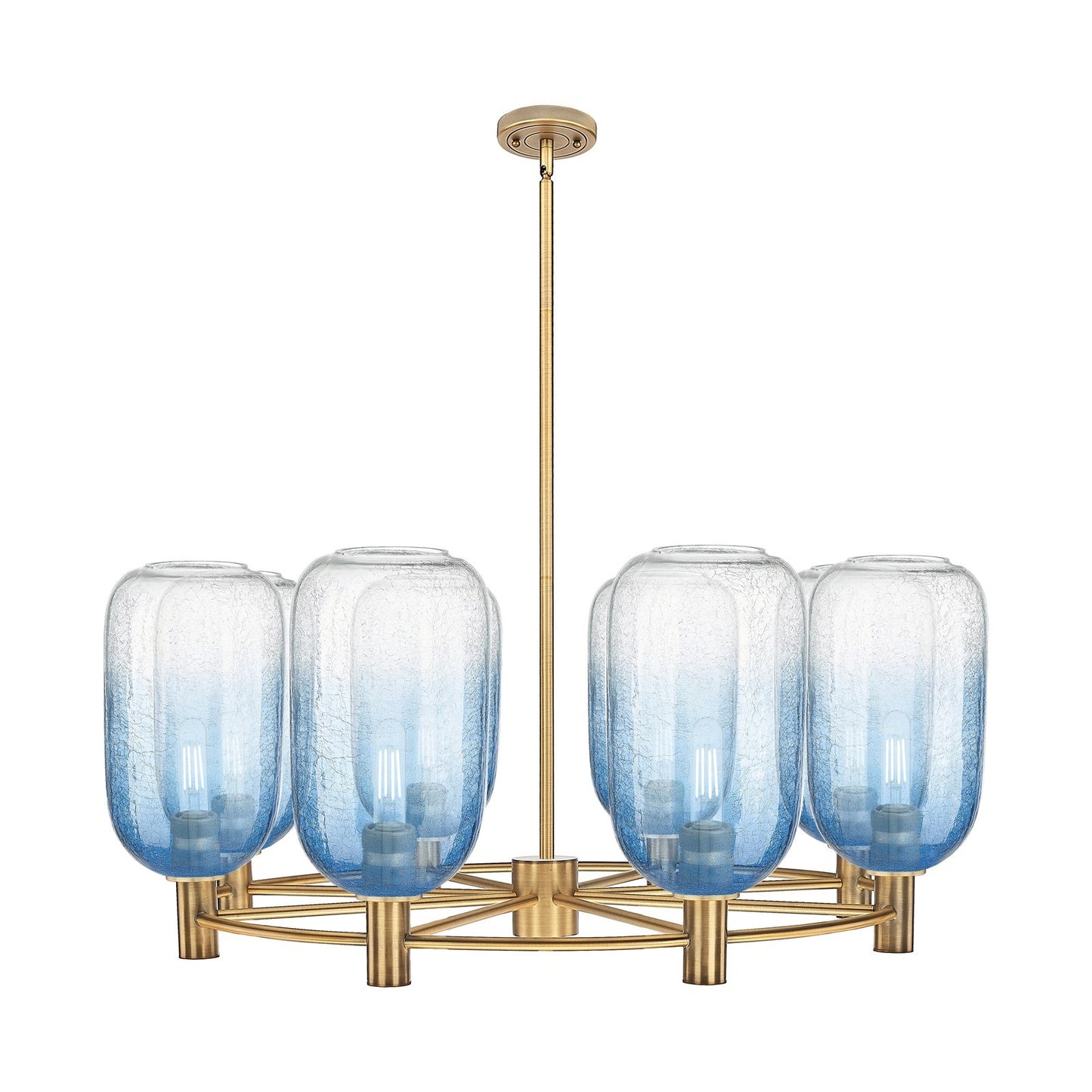 Innovations Brookhaven Cloche 36in 8-Light Chandelier | Industrial Brushed Brass and Sapphire Blue Glass | Dining Room | Model 434-8CR-BB-G482-7SB