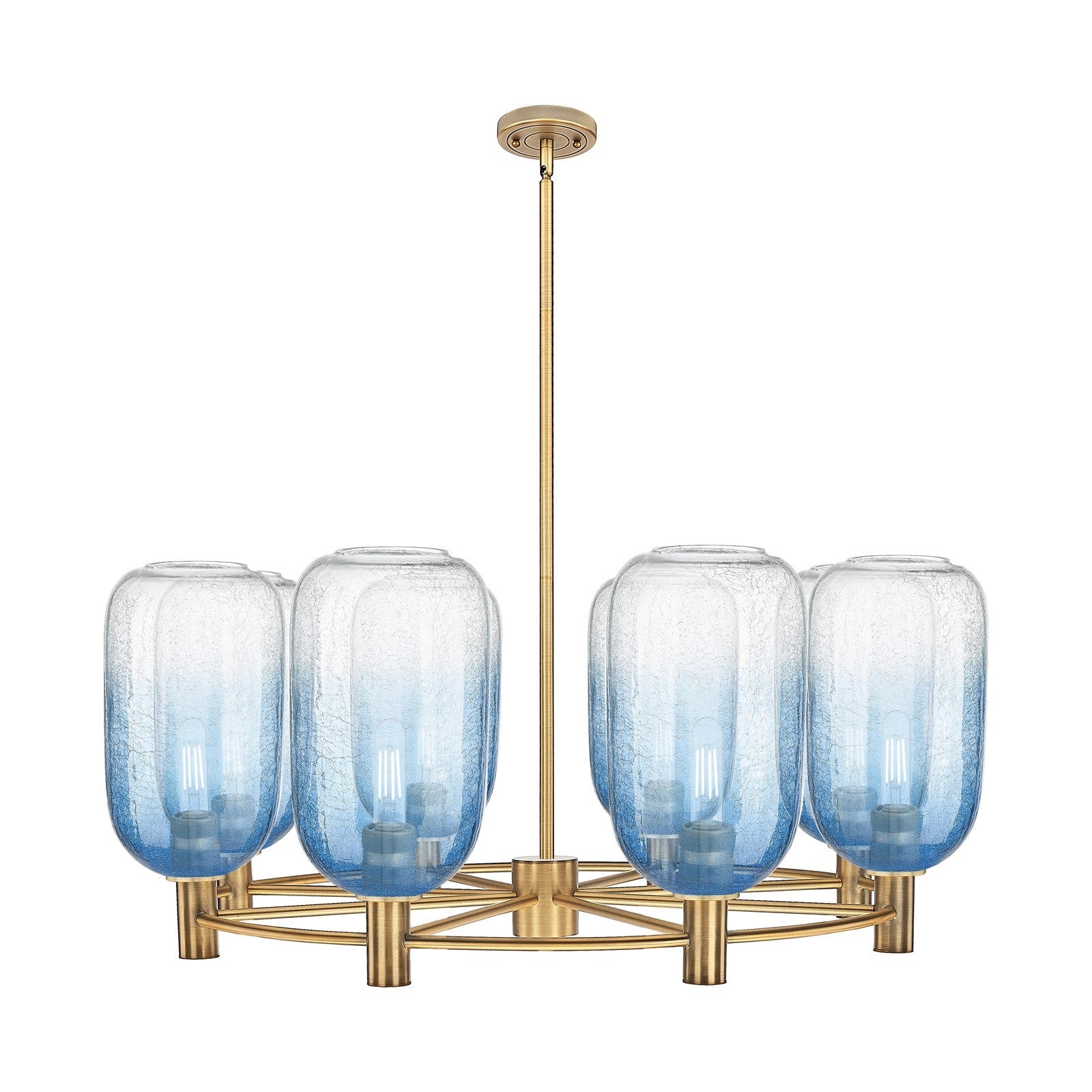 Innovations Brookhaven Cloche 36in 8-Light Chandelier | Industrial Brushed Brass and Sapphire Blue Glass | Dining Room | Model 434-8CR-BB-G482-7SB