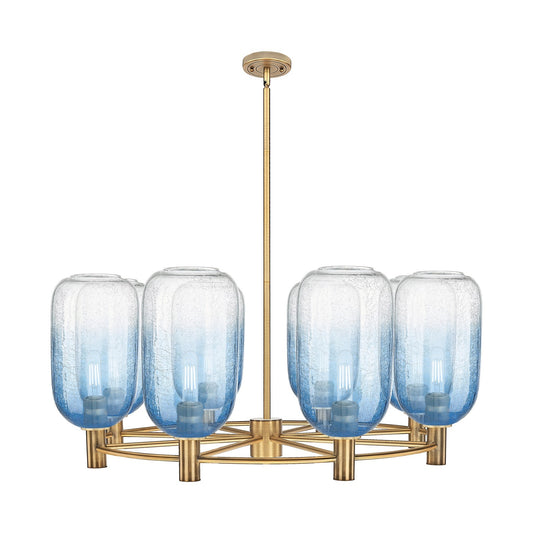 Innovations Brookhaven Cloche 36in 8-Light Chandelier | Industrial Brushed Brass and Sapphire Blue Glass | Dining Room | Model 434-8CR-BB-G482-7SB