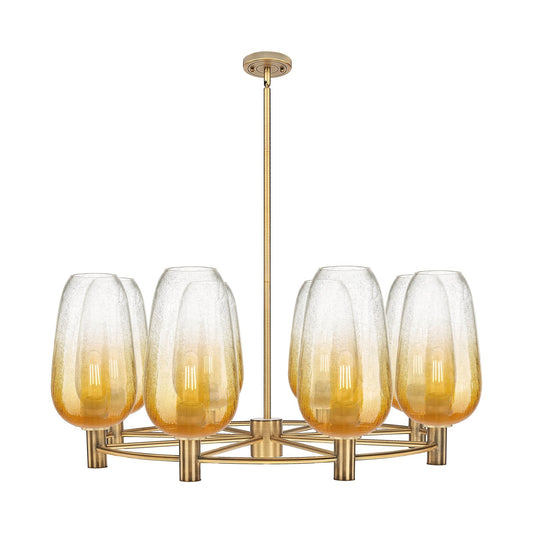 Innovations Brookhaven Flute 37in 8-Light Chandelier | Industrial Brushed Brass and Amber Glass | Dining Room & Foyer | Model 434-8CR-BB-G484-7AM