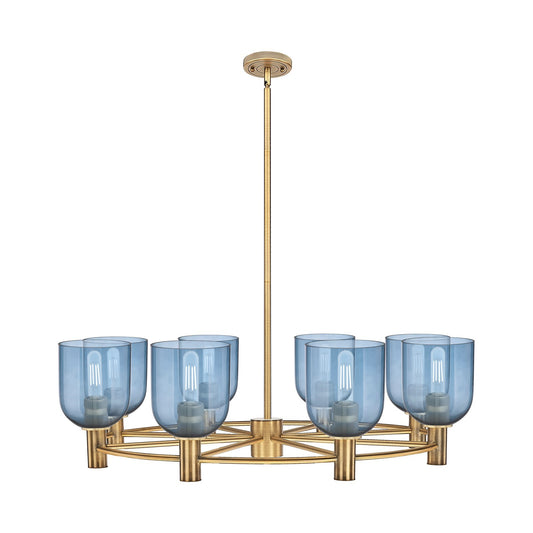Innovations Bella 35in 8-Light Chandelier | Industrial Brushed Brass and Blue Glass | Dining Room & Kitchen Island | Model 434-8CR-BB-G558-6BL
