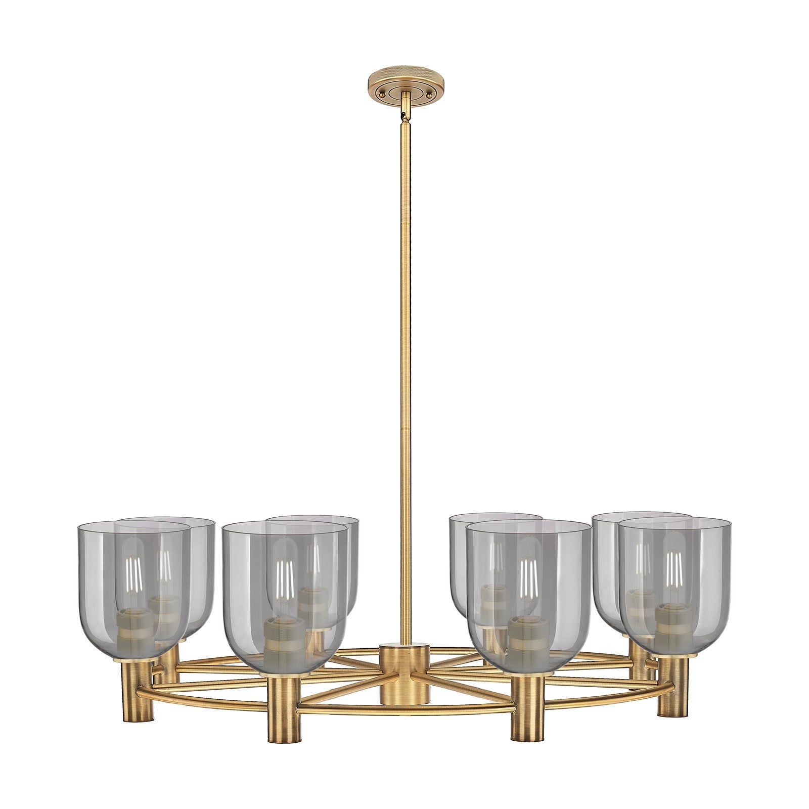 Innovations Bella 35in 8-Light Chandelier | Industrial Brushed Brass and Light Smoke Glass | Dining Room & Kitchen Island | Model 434-8CR-BB-G558-6SM