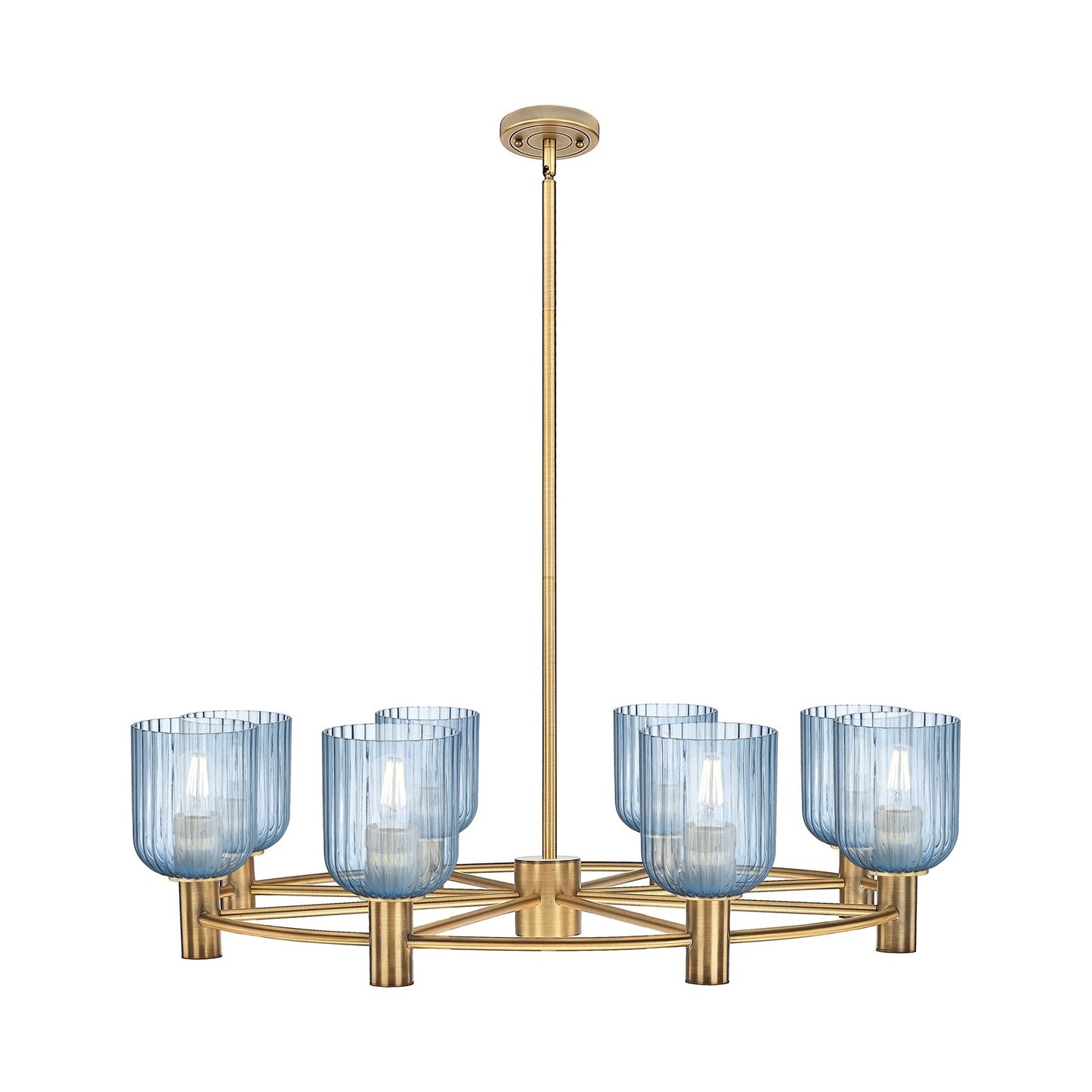 Innovations Crown Point 35in 8-Light Chandelier | Industrial Brushed Brass and Princess Blue Glass | Dining Room | Model 434-8CR-BB-G559-5BL
