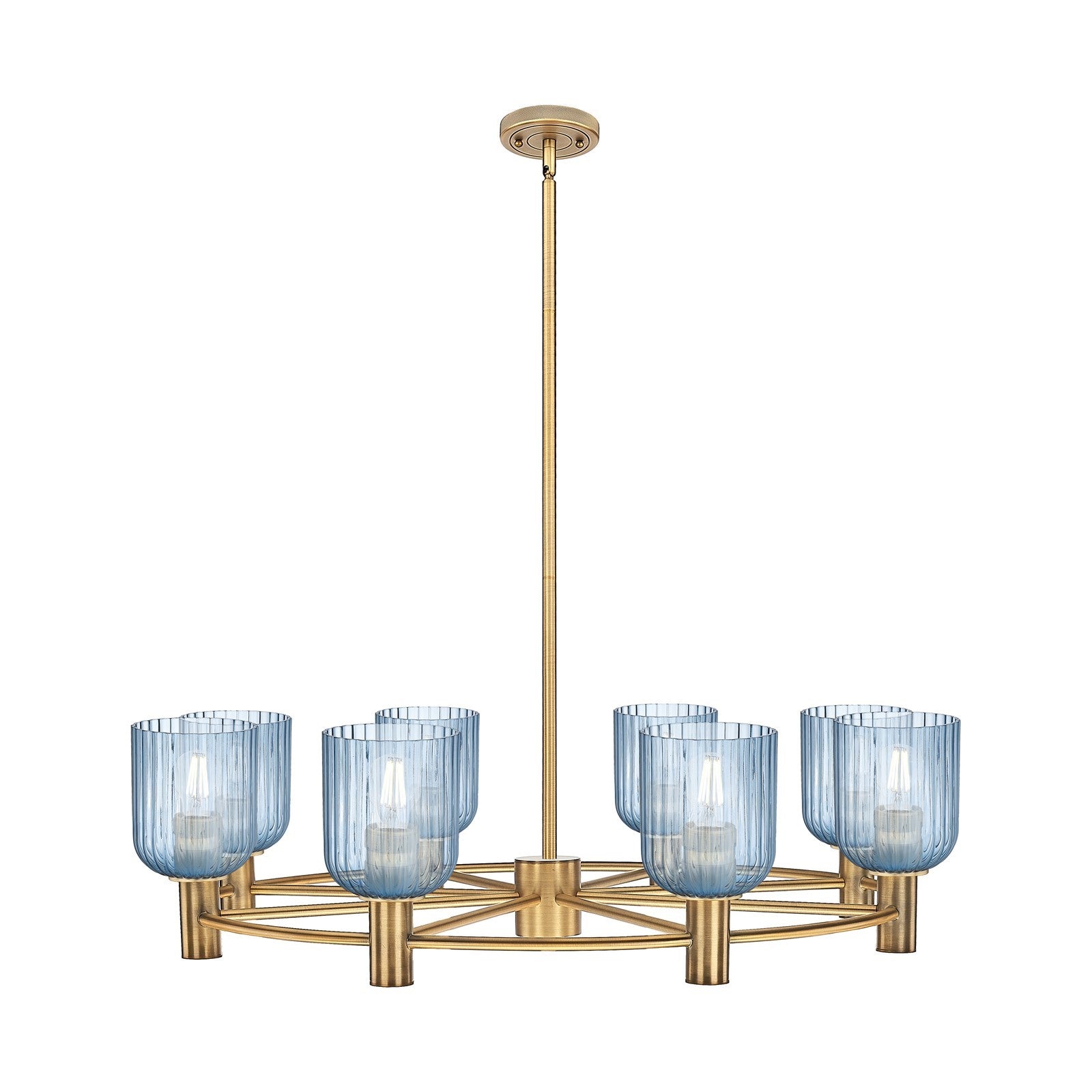 Innovations Crown Point 35in 8-Light Chandelier | Industrial Brushed Brass and Princess Blue Glass | Dining Room | Model 434-8CR-BB-G559-5BL