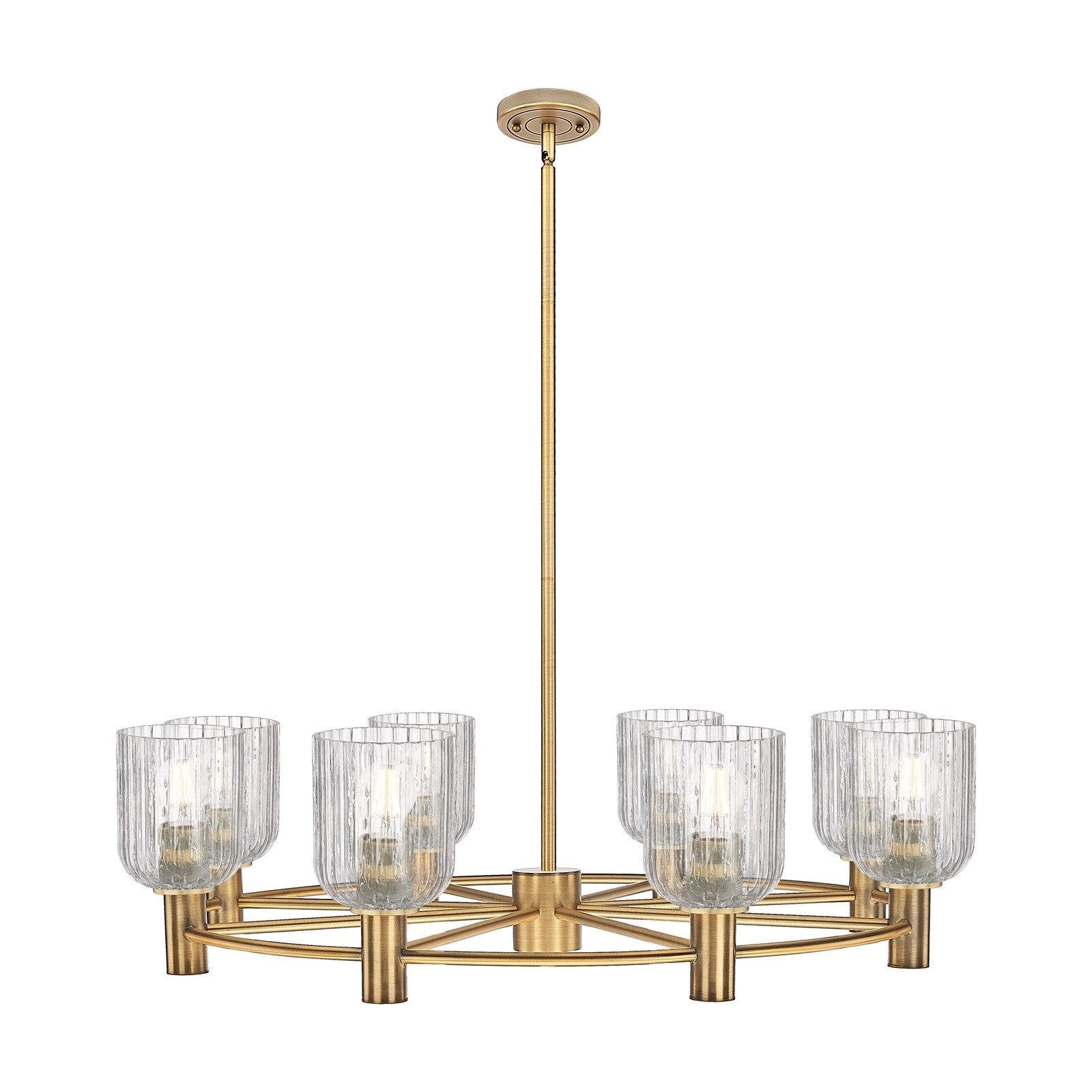 Innovations Crown Point 35in 8-Light Chandelier | Industrial Brushed Brass and Clear Glass | Dining Room & Kitchen Island | Model 434-8CR-BB-G559-5CL