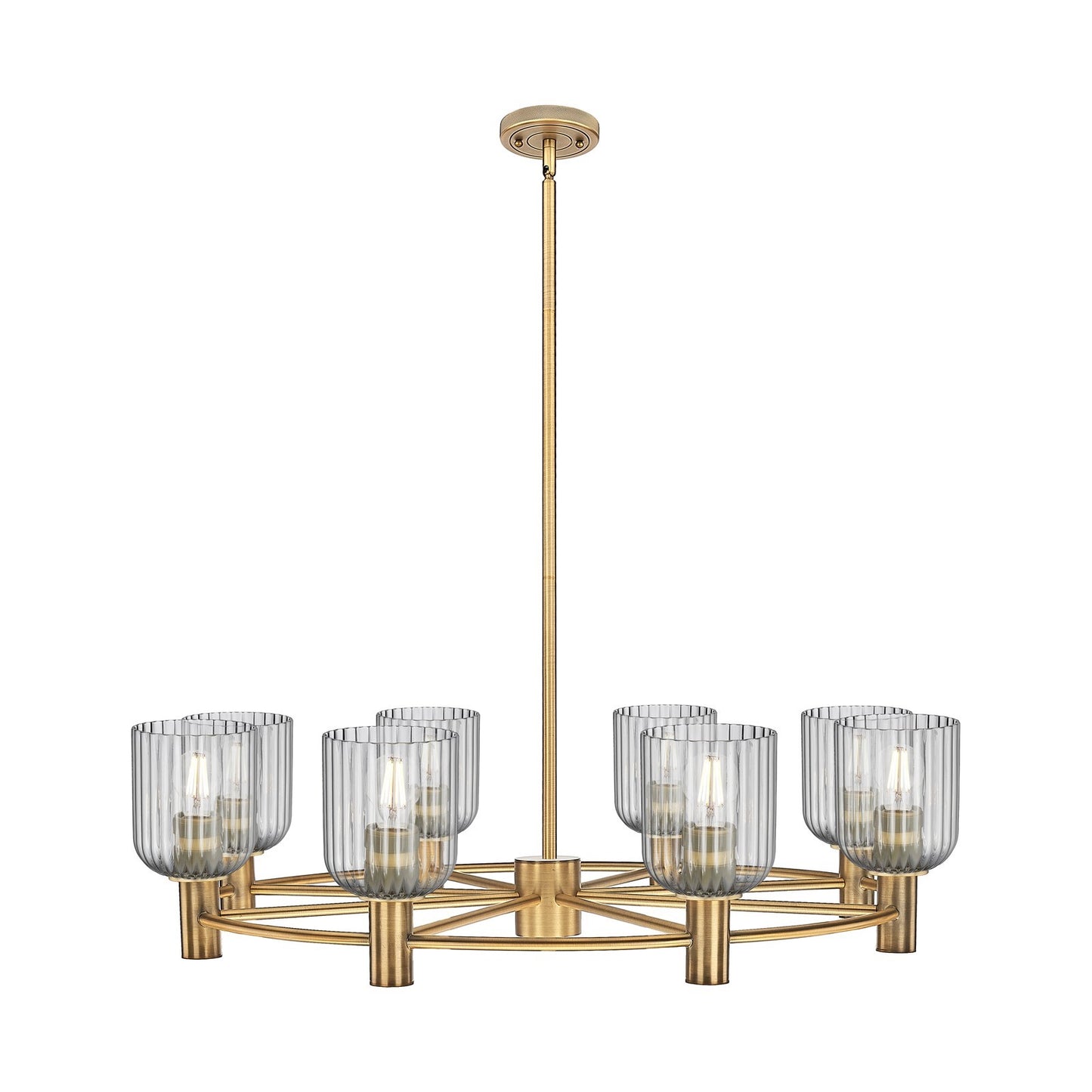 Innovations Crown Point 35in 8-Light Chandelier | Industrial Brushed Brass and Light Smoke Glass | Dining Room & Kitchen | Model 434-8CR-BB-G559-5SM