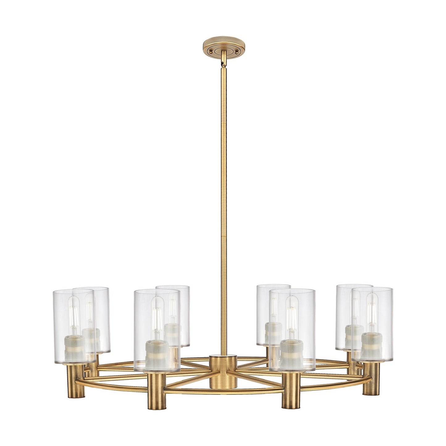 Innovations Clymer 34in 8-Light Chandelier | Industrial Brushed Brass and Clear Glass | Dining Room & Foyer | Model 434-8CR-BB-G802