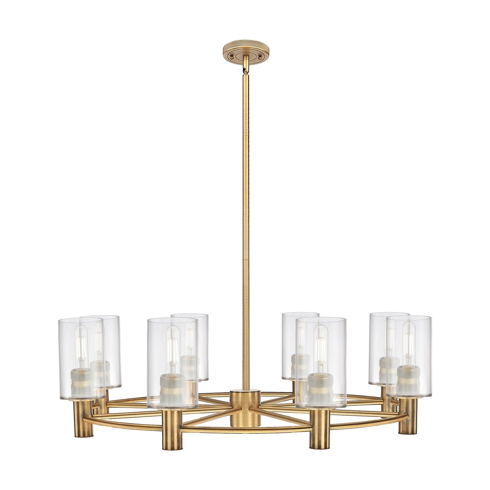 Innovations Clymer 34in 8-Light Chandelier | Industrial Brushed Brass and Clear Glass | Dining Room & Foyer | Model 434-8CR-BB-G802