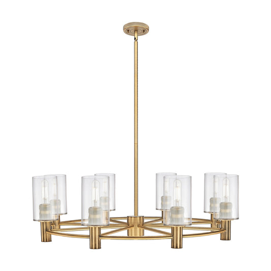 Innovations Clymer 34in 8-Light Chandelier | Industrial Brushed Brass and Clear Glass | Dining Room & Foyer | Model 434-8CR-BB-G802