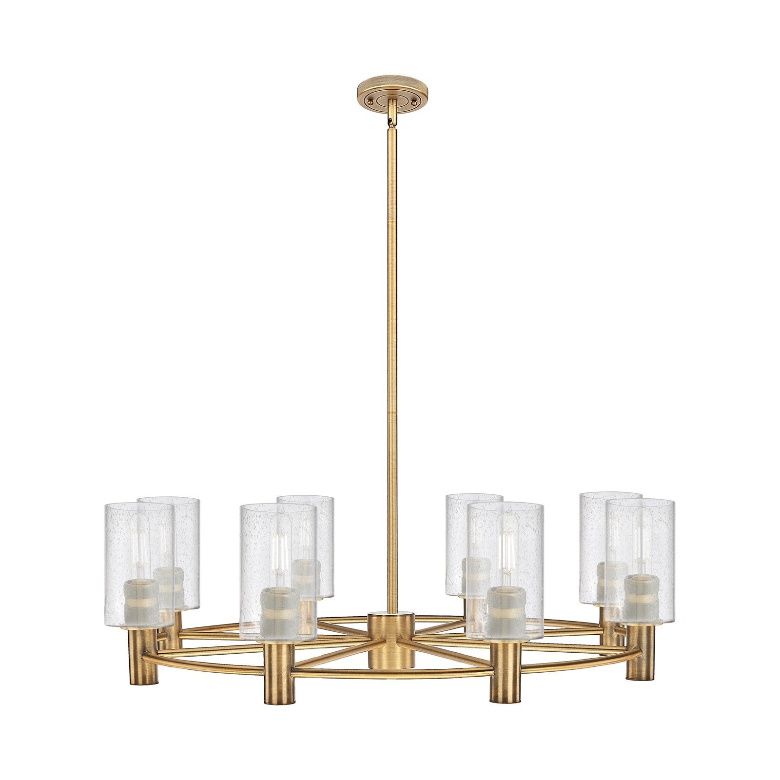 Innovations Clymer 34in 8-Light Chandelier | Industrial Brushed Brass and Seedy Glass | Dining Room & Foyer | Model 434-8CR-BB-G804