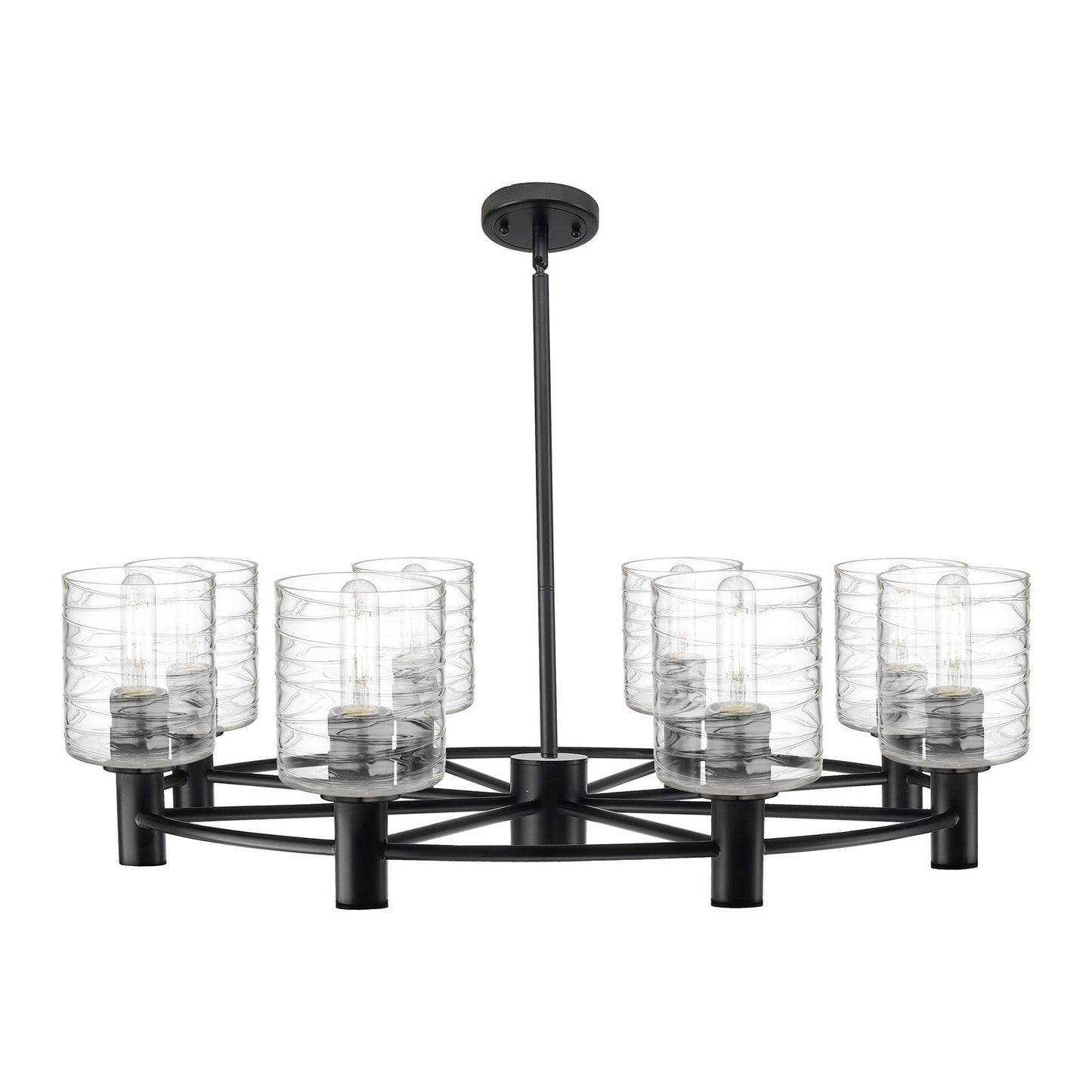 Innovations Cobbleskill 35in 8-Light Chandelier | Industrial Matte Black and Deco Swirl Glass | Dining Room & Kitchen Island | Model 434-8CR-BK-G1113