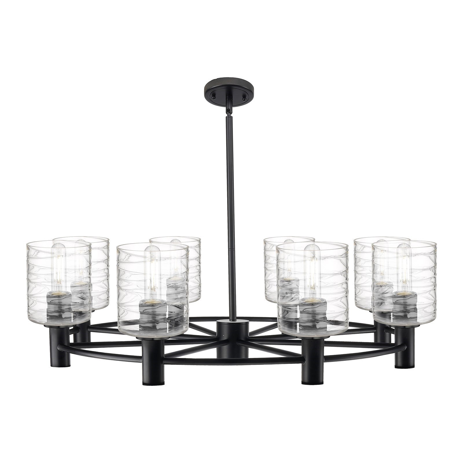 Innovations Cobbleskill 35in 8-Light Chandelier | Industrial Matte Black and Deco Swirl Glass | Dining Room & Kitchen Island | Model 434-8CR-BK-G1113