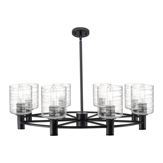 Innovations Cobbleskill 35in 8-Light Chandelier | Industrial Matte Black and Deco Swirl Glass | Dining Room & Kitchen Island | Model 434-8CR-BK-G1113