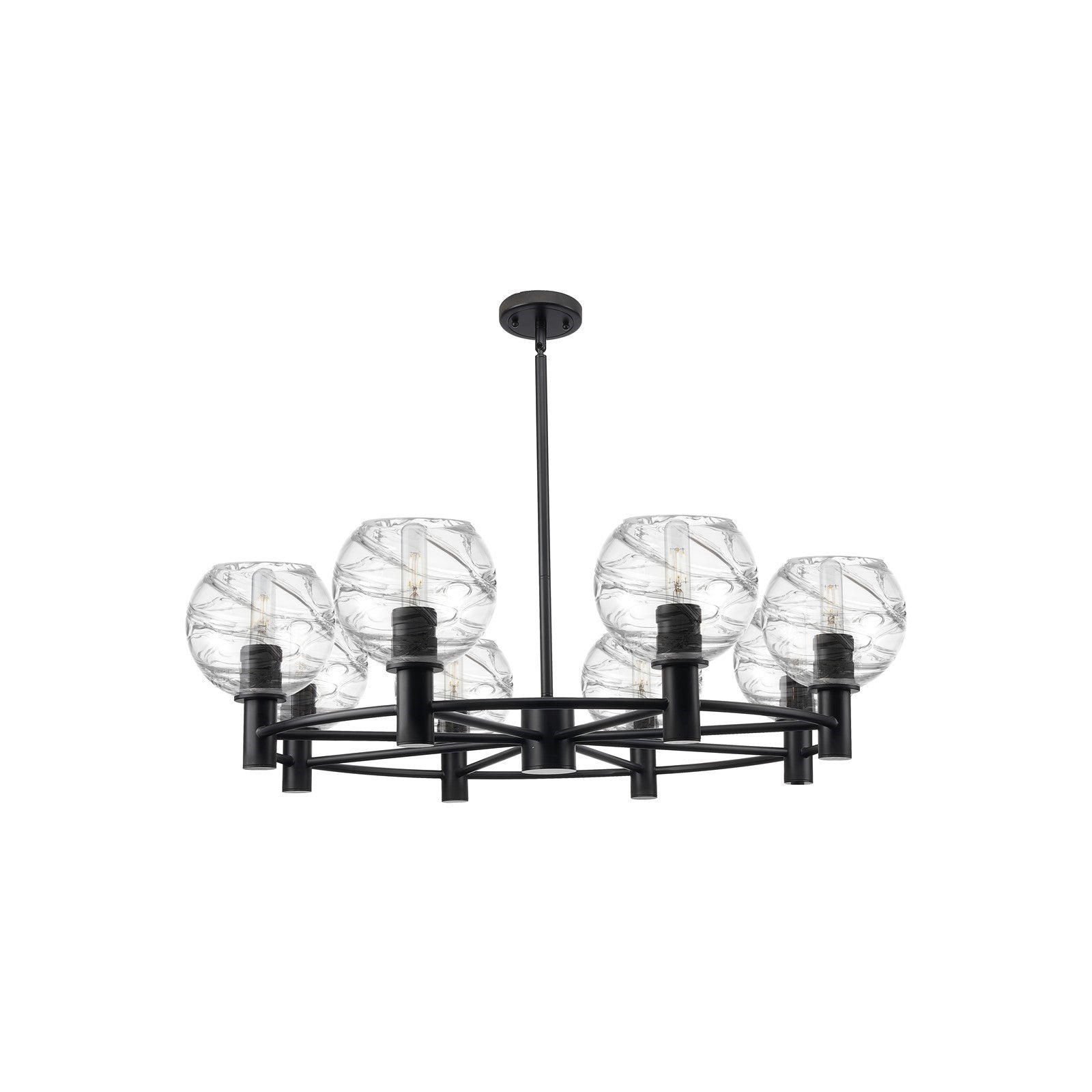 Innovations Crown Point 36in 8-Light Chandelier | Industrial Matte Black and Clear Deco Swirl Glass | Dining Room | Model 434-8CR-BK-G1213-6CL