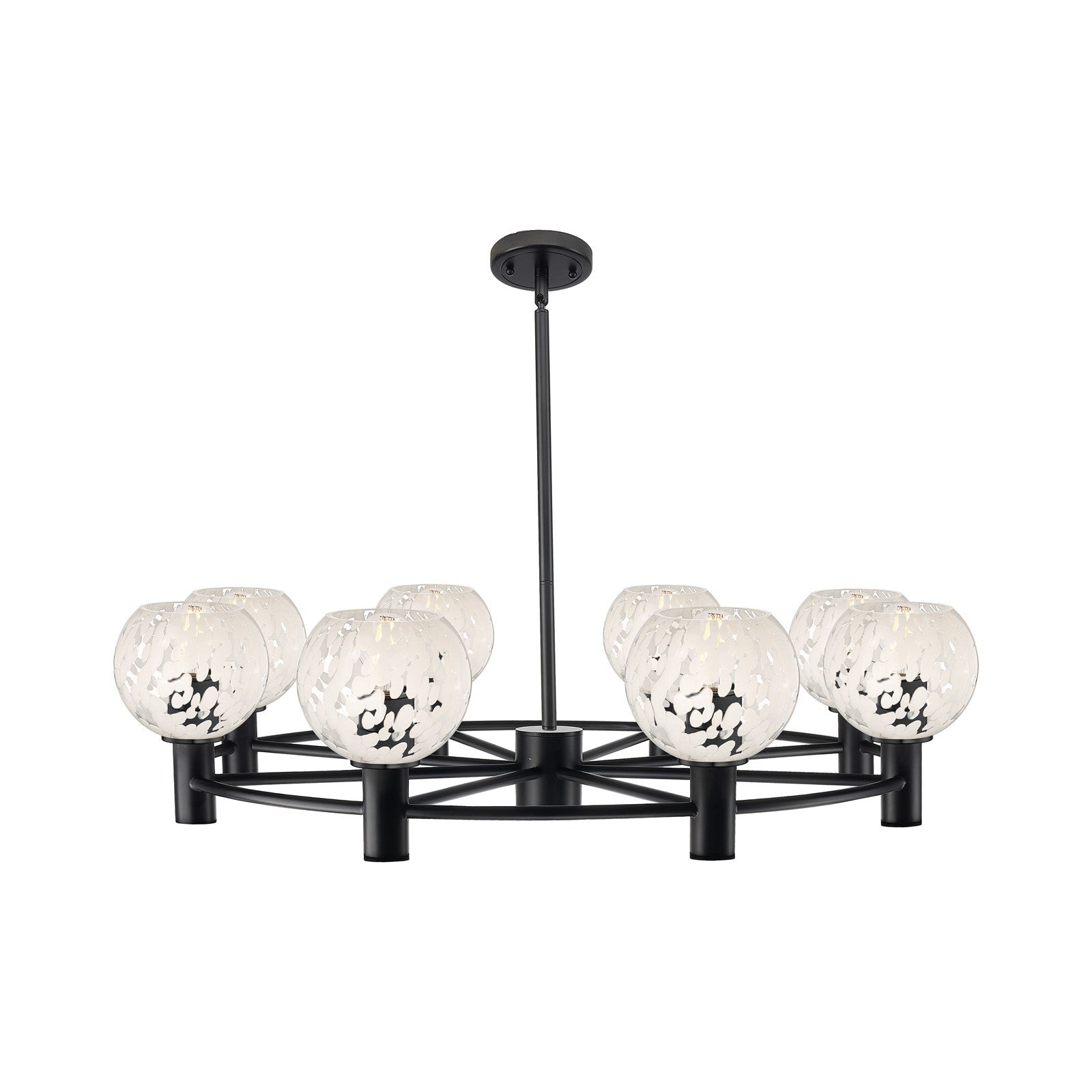 Innovations White Mouchette 36in 8-Light Chandelier | Industrial Matte Black and White Glass | Dining Room & Kitchen | Model 434-8CR-BK-G1216-6WM