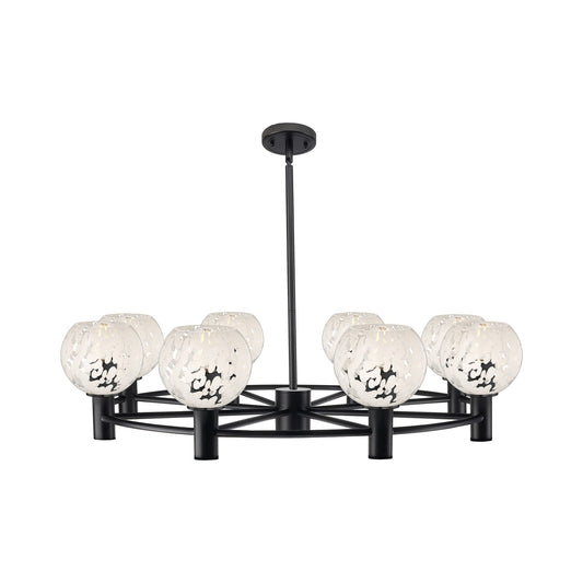 Innovations White Mouchette 36in 8-Light Chandelier | Industrial Matte Black and White Glass | Dining Room & Kitchen | Model 434-8CR-BK-G1216-6WM
