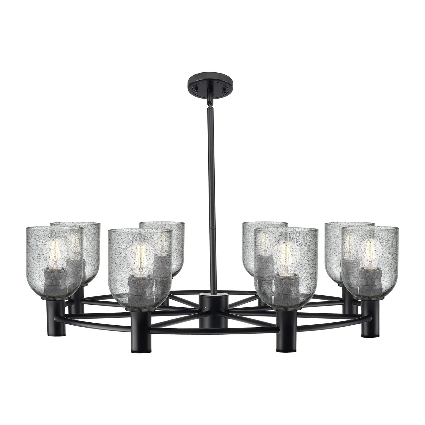 Innovations Caledonia 34.6in 8-Light Chandelier | Industrial Matte Black and Charcoal Glass | Dining Room & Entryway | Model 434-8CR-BK-G257