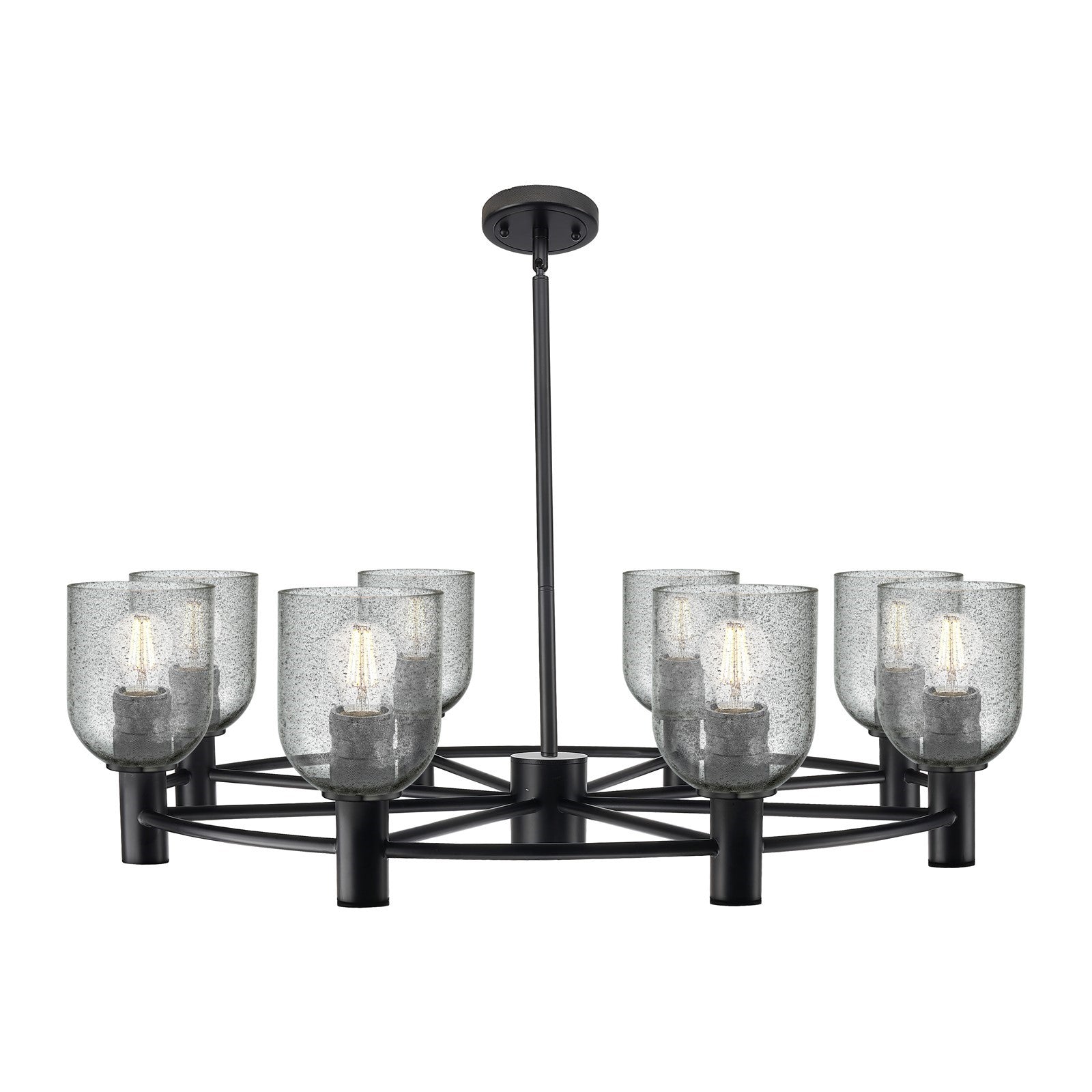 Innovations Caledonia 34.6in 8-Light Chandelier | Industrial Matte Black and Charcoal Glass | Dining Room & Entryway | Model 434-8CR-BK-G257