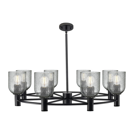 Innovations Caledonia 34.6in 8-Light Chandelier | Industrial Matte Black and Charcoal Glass | Dining Room & Entryway | Model 434-8CR-BK-G257