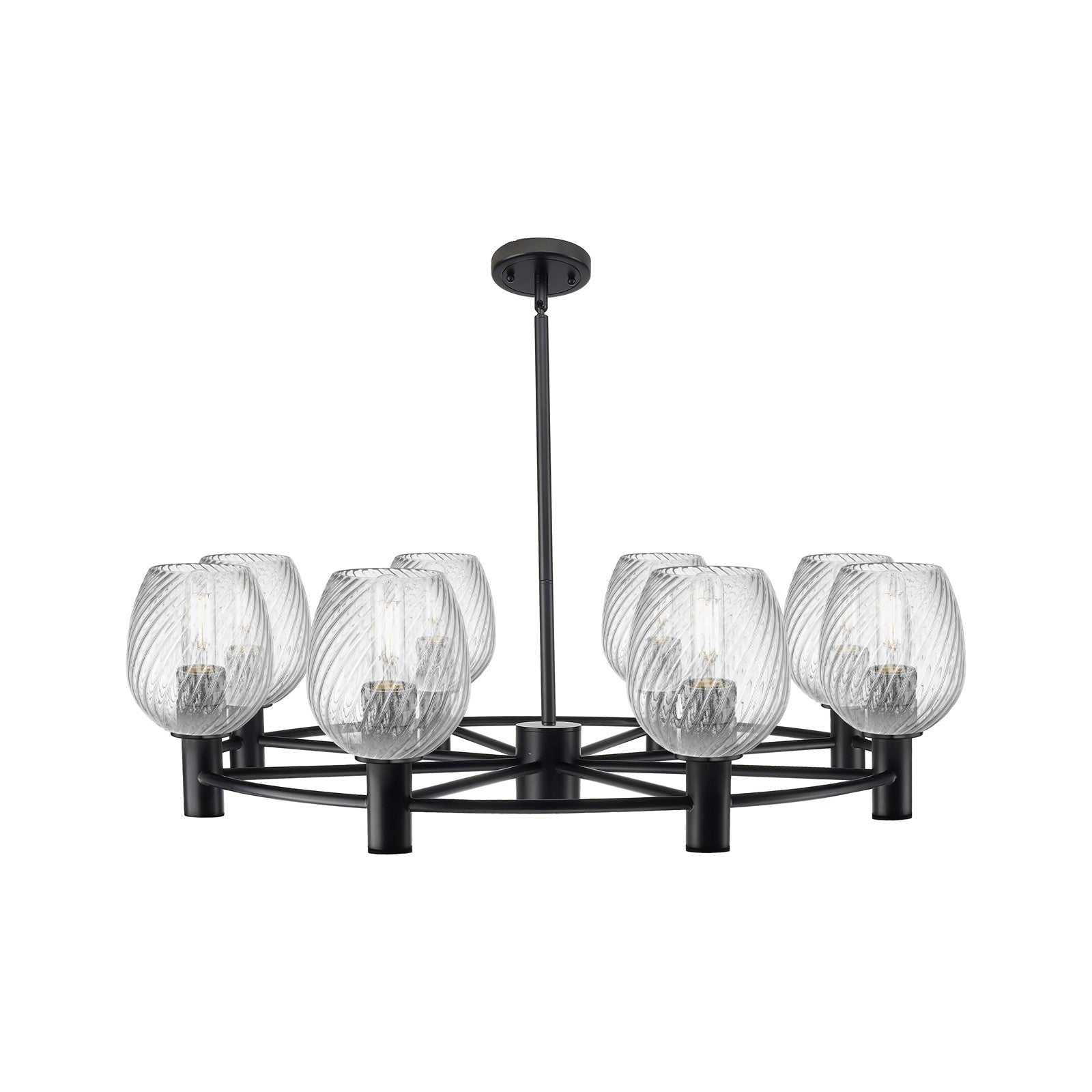 Innovations Salina 35.4in 8-Light Chandelier | Industrial Matte Black and Clear Spiral Fluted Glass | Dining Room & Foyer | Model 434-8CR-BK-G292