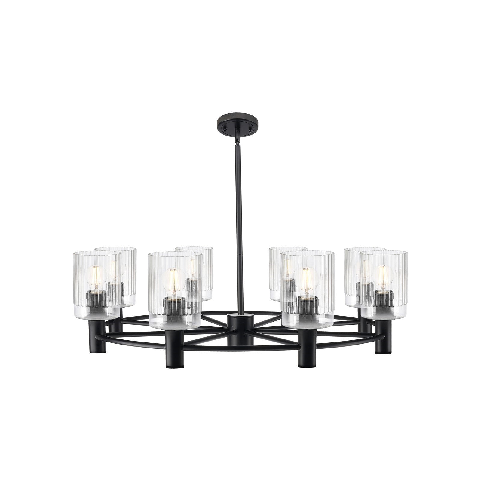 Innovations Hadley 34in 8-Light Chandelier | Industrial Matte Black and Clear Ribbed Glass | Dining Room & Living Room | Model 434-8CR-BK-G342