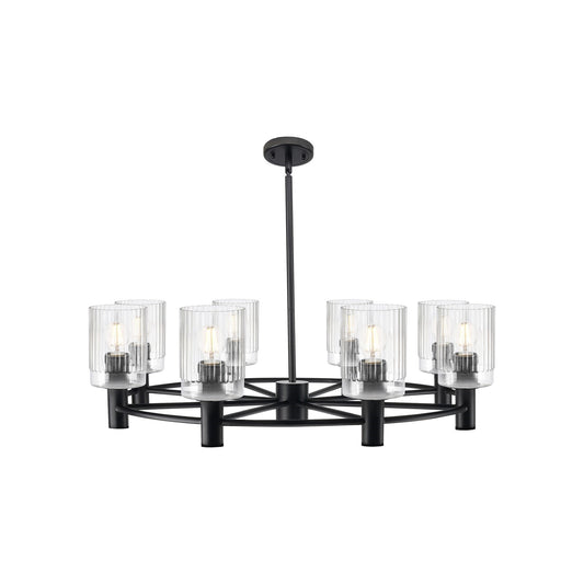 Innovations Hadley 34in 8-Light Chandelier | Industrial Matte Black and Clear Ribbed Glass | Dining Room & Living Room | Model 434-8CR-BK-G342
