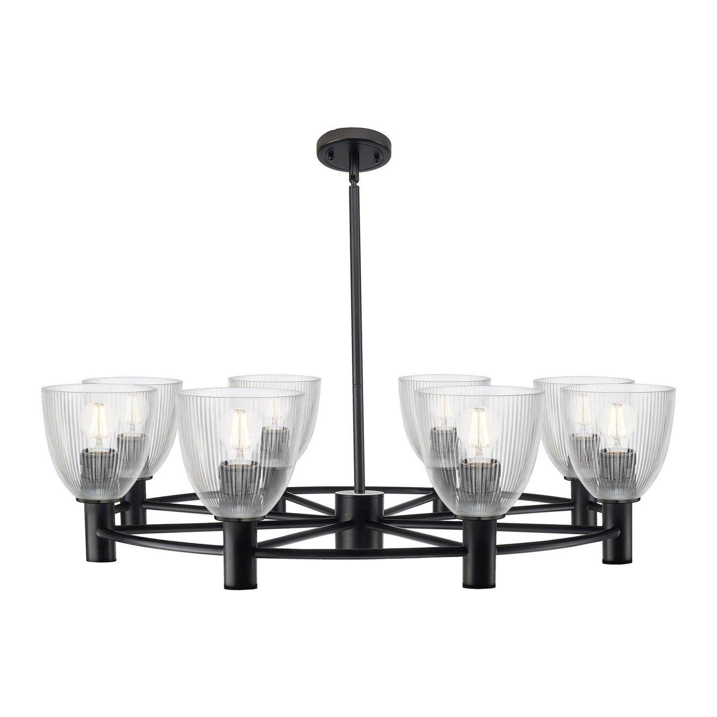 Innovations Castile 36in 8-Light Chandelier | Industrial Matte Black and Clear Transparent Glass | Dining Room & Living Room | Model 434-8CR-BK-G382