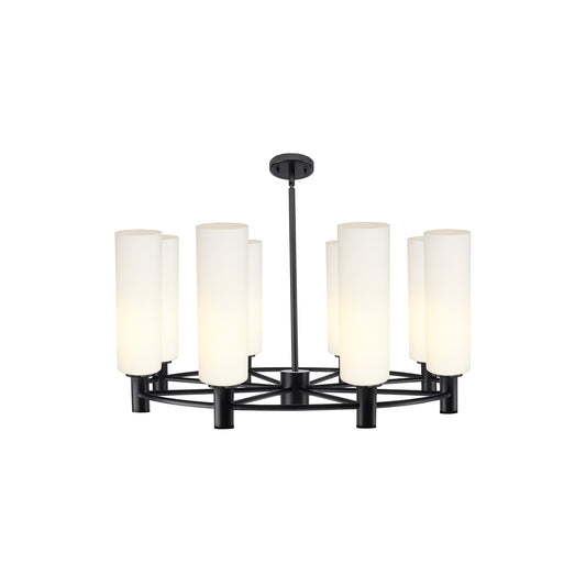 Innovations Crown Point 32in 8-Light Chandelier | Industrial Matte Black and White Frosted Glass | Dining Room & Kitchen | Model 434-8CR-BK-G434-12WH