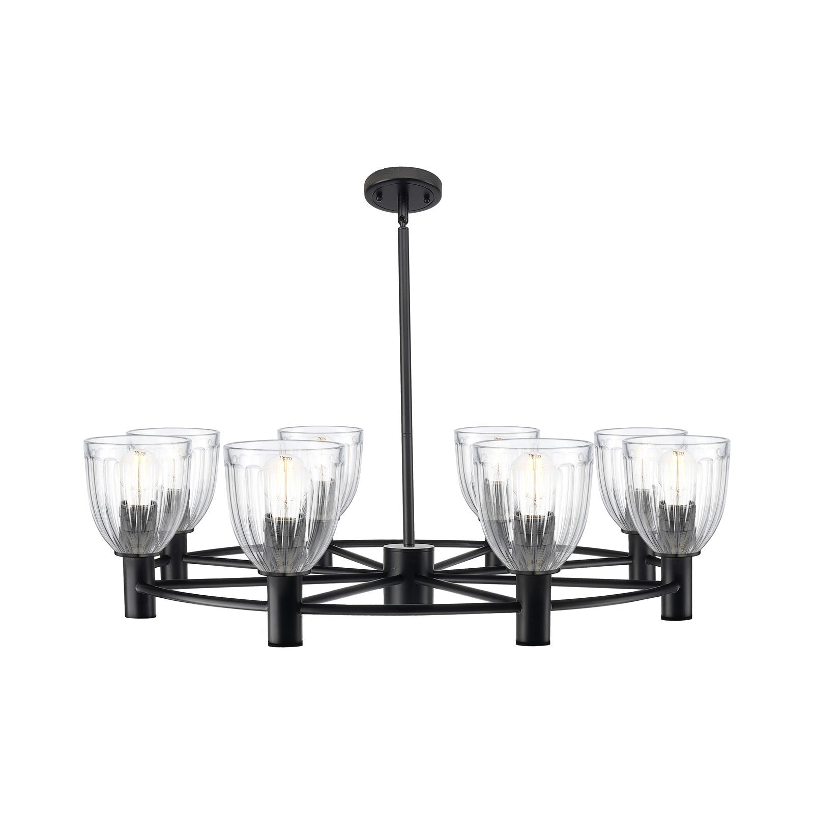 Innovations Brookfield 35in 8-Light Chandelier | Industrial Matte Black and Clear Ribbed Glass | Dining Room & Kitchen Island | Model 434-8CR-BK-G442