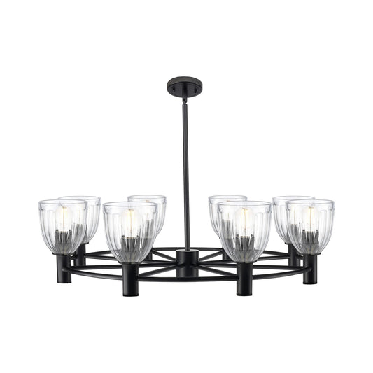 Innovations Brookfield 35in 8-Light Chandelier | Industrial Matte Black and Clear Ribbed Glass | Dining Room & Kitchen Island | Model 434-8CR-BK-G442