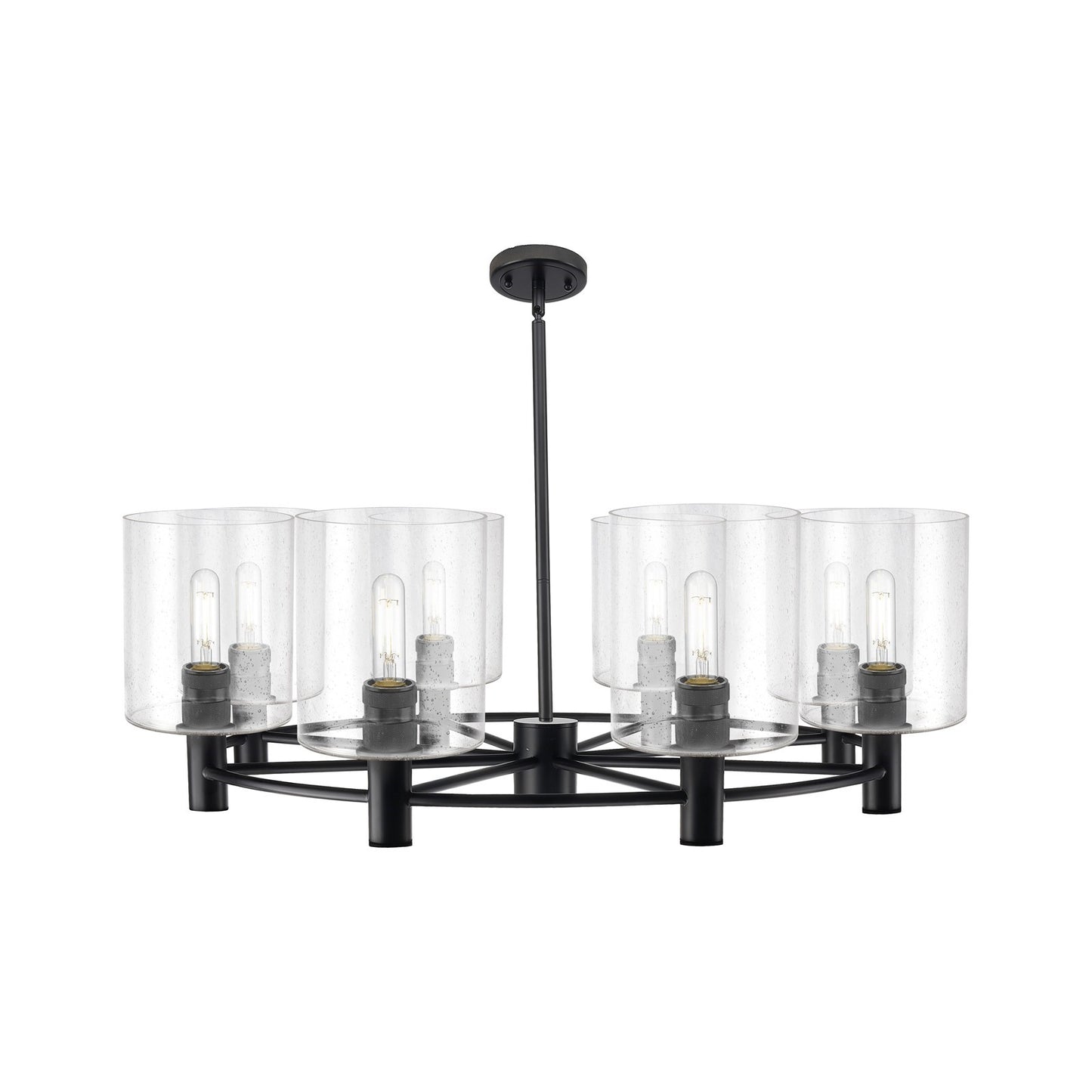 Innovations Paladin 37in 8-Light Chandelier | Industrial Matte Black and Seedy Glass | Dining Room & Kitchen Island | Model 434-8CR-BK-G4424-7