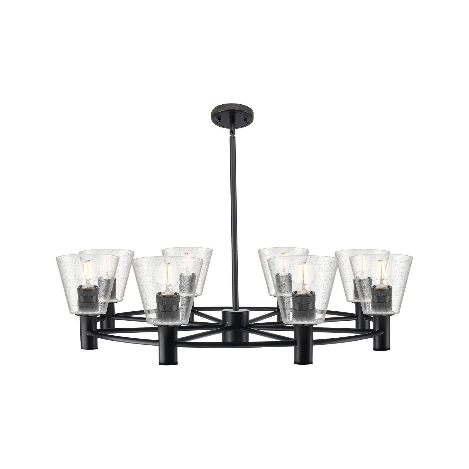 Innovations Caton 36in 8-Light Chandelier | Industrial Matte Black and Frosted Glass | Dining Room & Living Room | Model 434-8CR-BK-G454