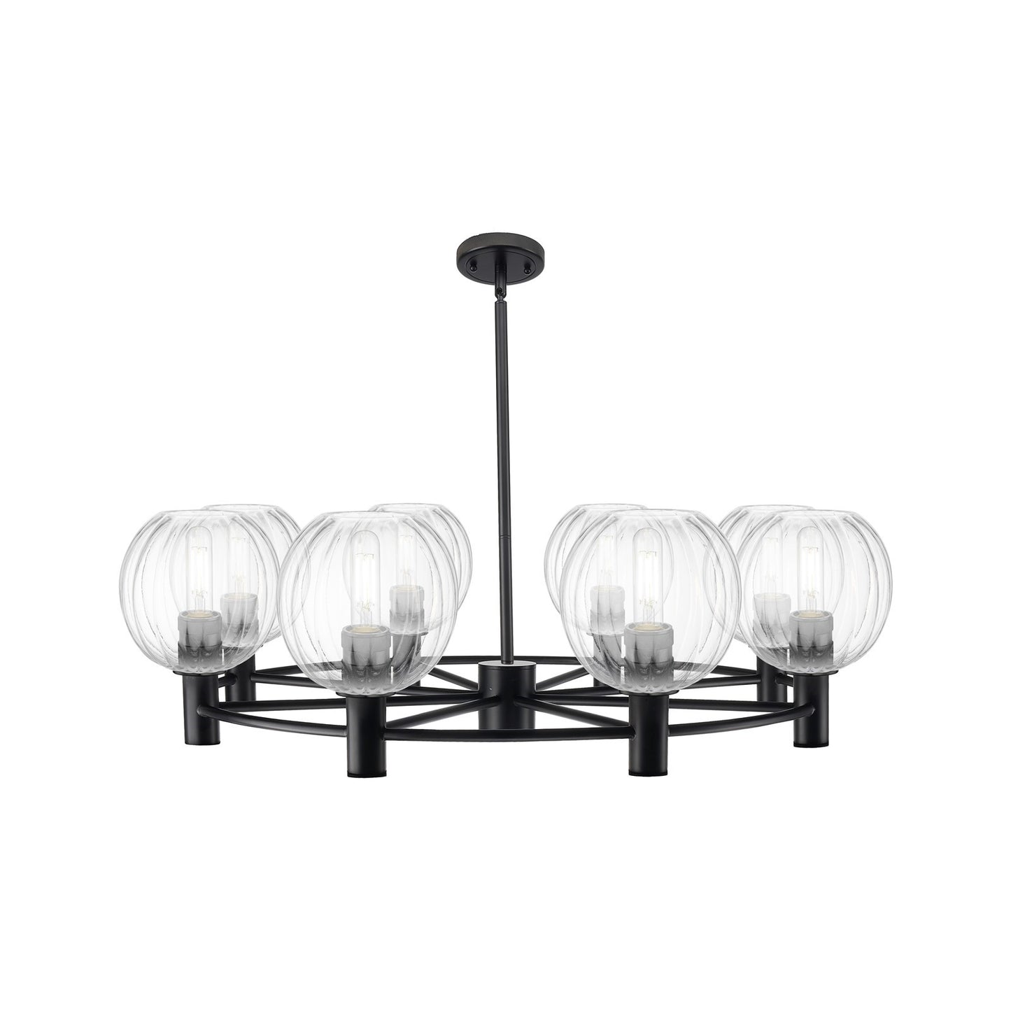 Innovations Preston Globe 37in 8-Light Chandelier | Industrial Matte Black and Clear Glass | Dining Room & Living Room | Model 434-8CR-BK-G458-7CL