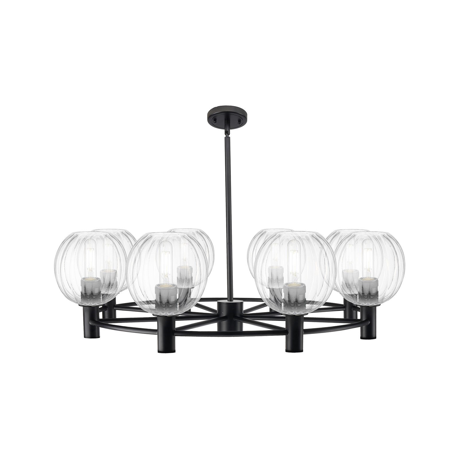 Innovations Preston Globe 37in 8-Light Chandelier | Industrial Matte Black and Clear Glass | Dining Room & Living Room | Model 434-8CR-BK-G458-7CL