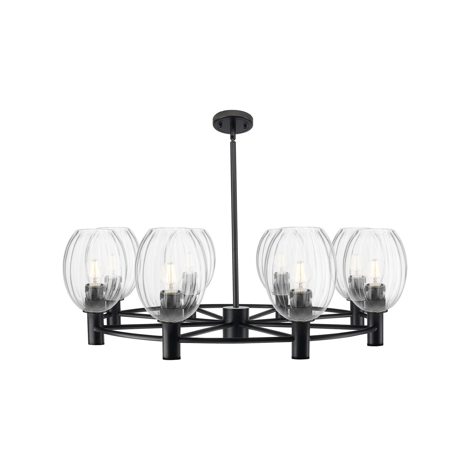 Innovations Preston Bulb 36in 8-Light Chandelier | Industrial Matte Black and Clear Glass | Dining Room & Kitchen Island | Model 434-8CR-BK-G459-6CL
