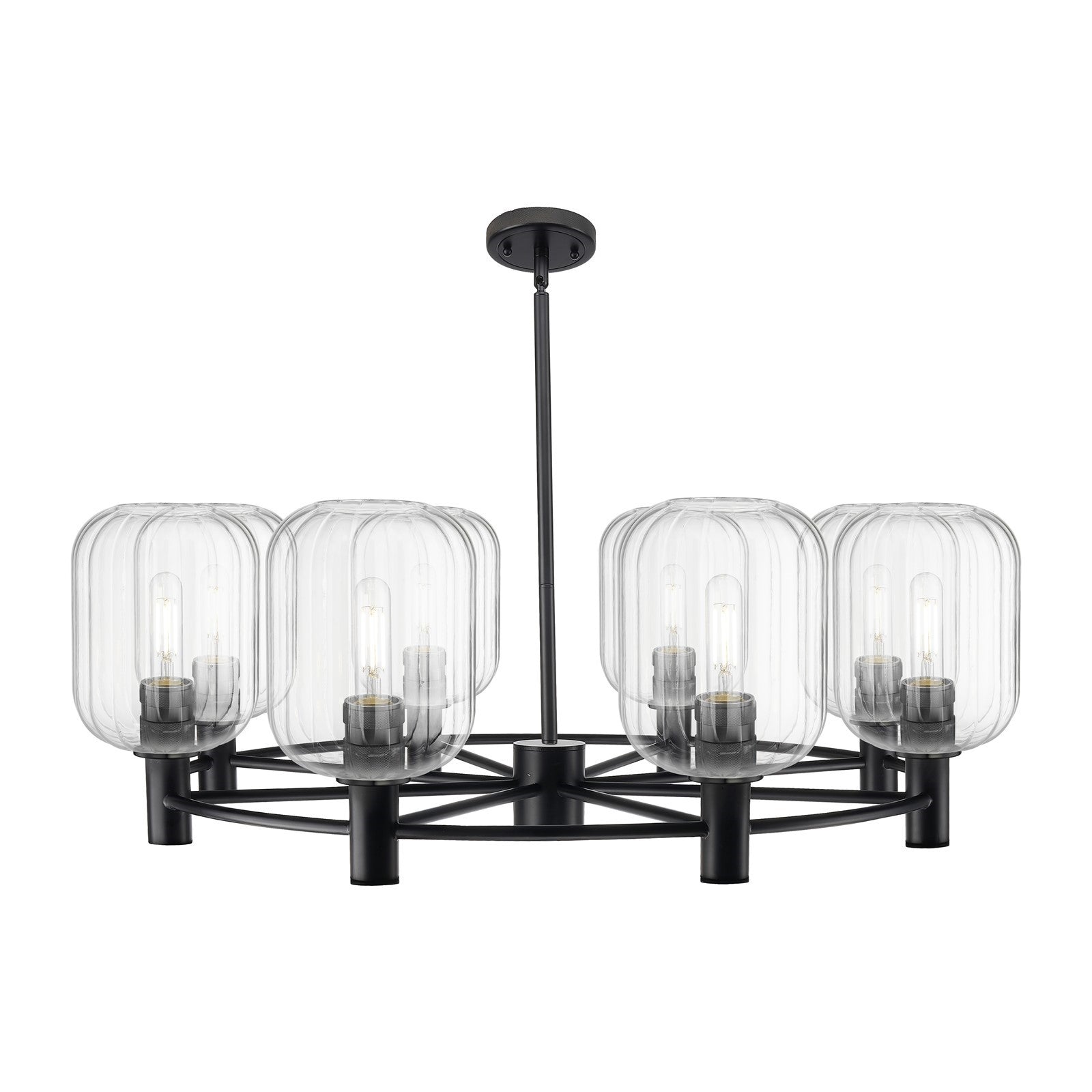 Innovations Preston Cylinder 36in 8-Light Chandelier | Industrial Matte Black and Clear Glass | Dining Room & Kitchen | Model 434-8CR-BK-G460-7CL