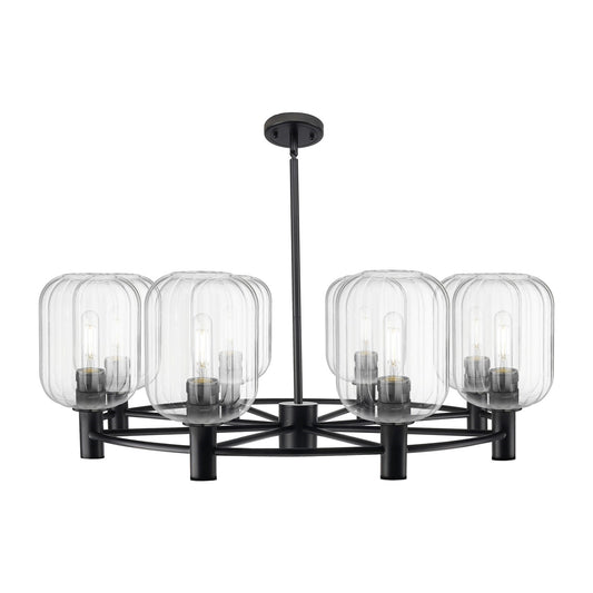 Innovations Preston Cylinder 36in 8-Light Chandelier | Industrial Matte Black and Clear Glass | Dining Room & Kitchen | Model 434-8CR-BK-G460-7CL