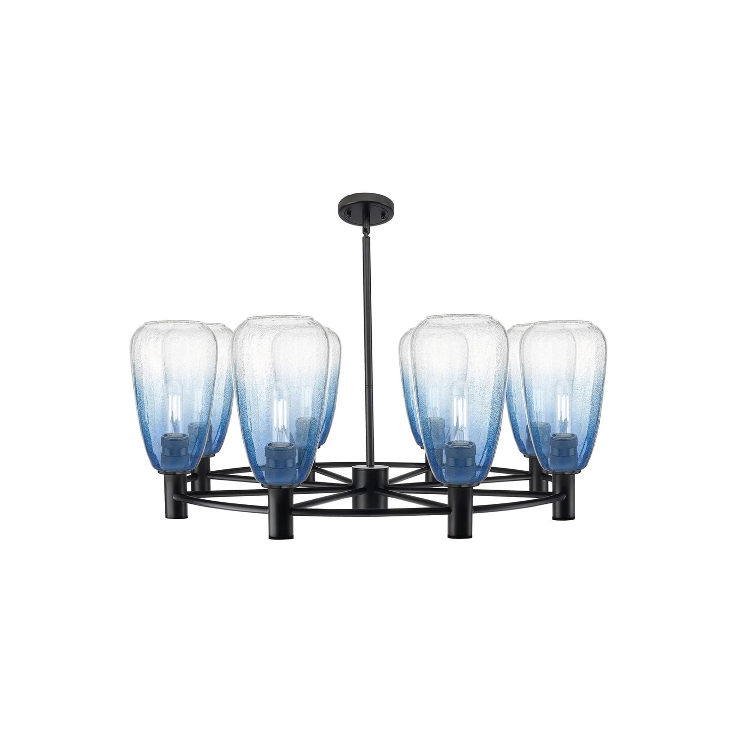 Innovations Brookhaven Almond 36in 8-Light Chandelier | Industrial Matte Black and Sapphire Blue Glass | Dining Room | Model 434-8CR-BK-G480-6SB