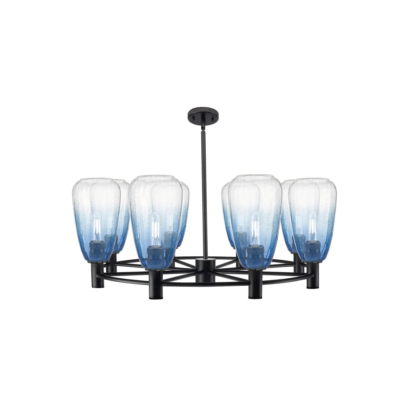 Innovations Brookhaven Almond 36in 8-Light Chandelier | Industrial Matte Black and Sapphire Blue Glass | Dining Room | Model 434-8CR-BK-G480-6SB