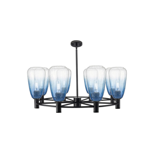 Innovations Brookhaven Almond 36in 8-Light Chandelier | Industrial Matte Black and Sapphire Blue Glass | Dining Room | Model 434-8CR-BK-G480-6SB