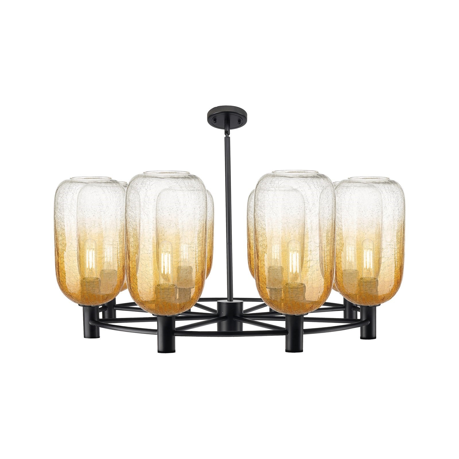 Innovations Brookhaven Cloche 37in 8-Light Chandelier | Industrial Matte Black and Amber Glass | Dining Room & Foyer | Model 434-8CR-BK-G482-7AM