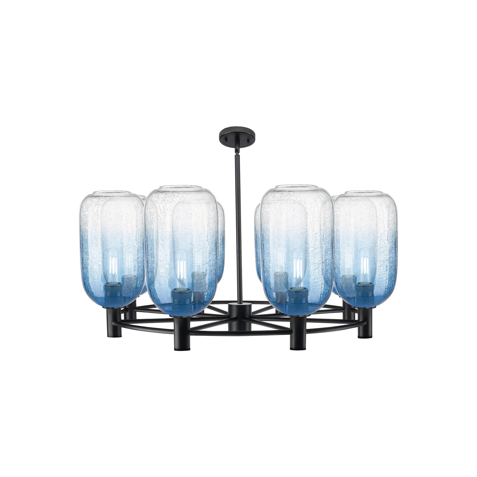 Innovations Brookhaven Cloche 37in 8-Light Chandelier | Industrial Matte Black and Sapphire Blue Glass | Dining Room | Model 434-8CR-BK-G482-7SB