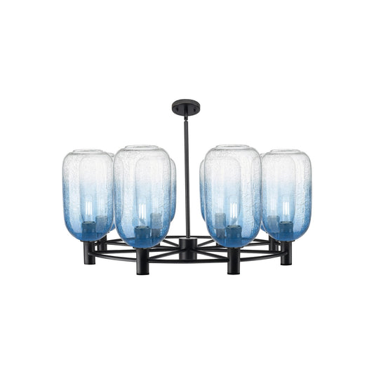 Innovations Brookhaven Cloche 37in 8-Light Chandelier | Industrial Matte Black and Sapphire Blue Glass | Dining Room | Model 434-8CR-BK-G482-7SB